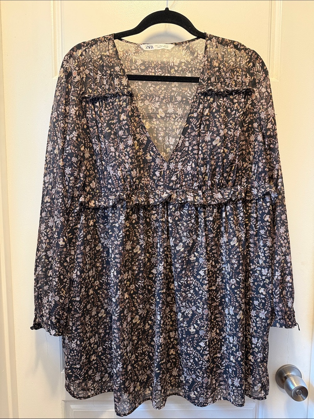 ZARA Black Floral V-Neck Tunic with Cream Floral Print
